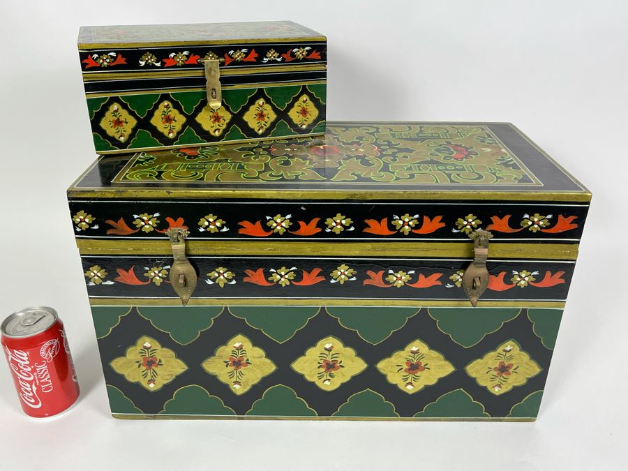 Pair Of Hand Painted Wooden Boxes From India Larger Box Measures 20W X 9.5D X 12H [Photo 2]