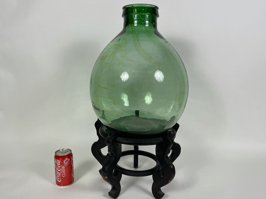 Large Green Glass Bottle With Wooden Stand 25H X 12W [Photo 2]