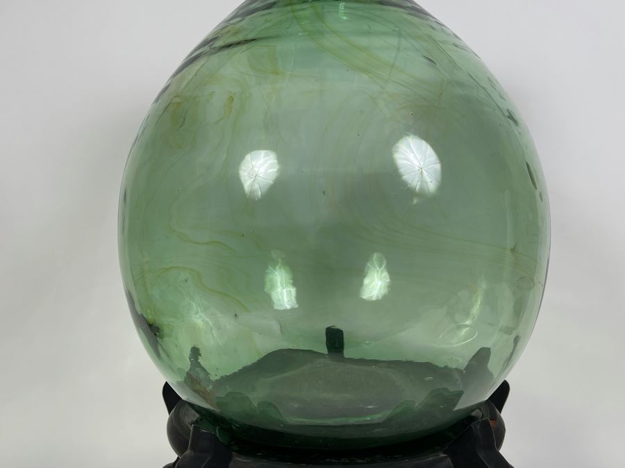 Large Green Glass Bottle With Wooden Stand 25H X 12W [Photo 5]