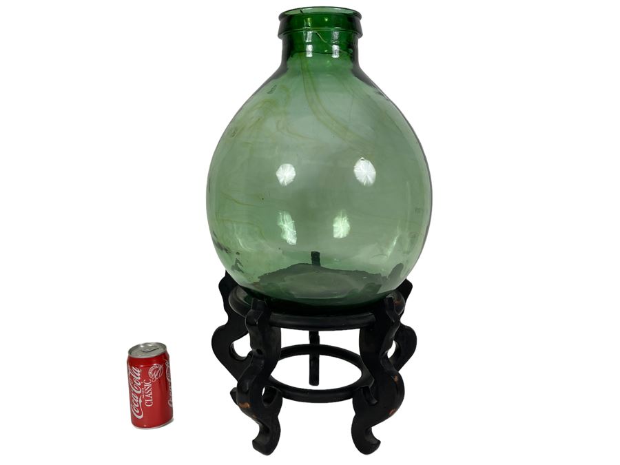 Large Green Glass Bottle With Wooden Stand 25H X 12W