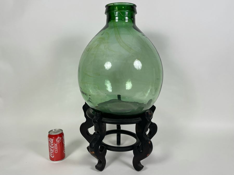 Large Green Glass Bottle With Wooden Stand 25H X 12W [Photo 3]