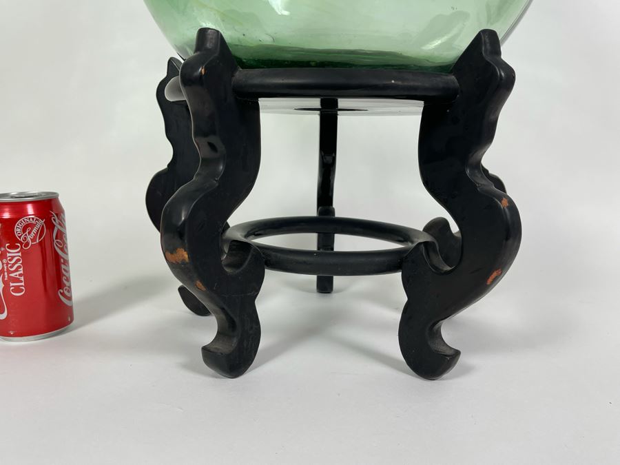 Large Green Glass Bottle With Wooden Stand 25H X 12W [Photo 4]