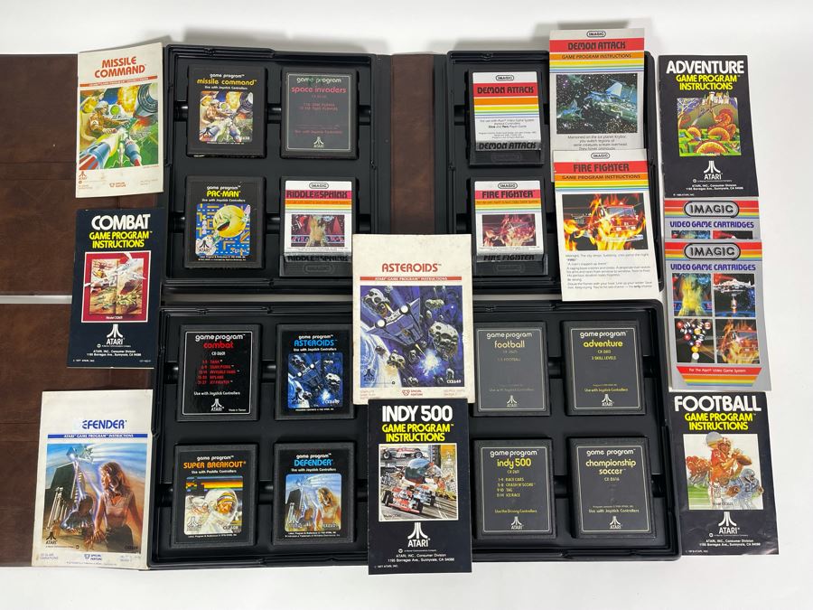 Collection Of Original ATARI 2600 Video Game Cartridges (Some With Original Game Instructions) Plus Pair Of Original ATARI Game Cartridge Storage Cases [Photo 1]