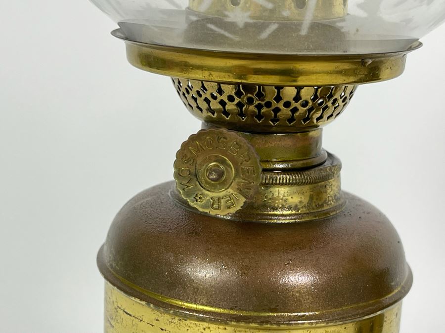 Pair Of Vintage Kosmos Brenner Brass Oil Lamps Lanterns With Glass Hurricanes 16H [Photo 5]