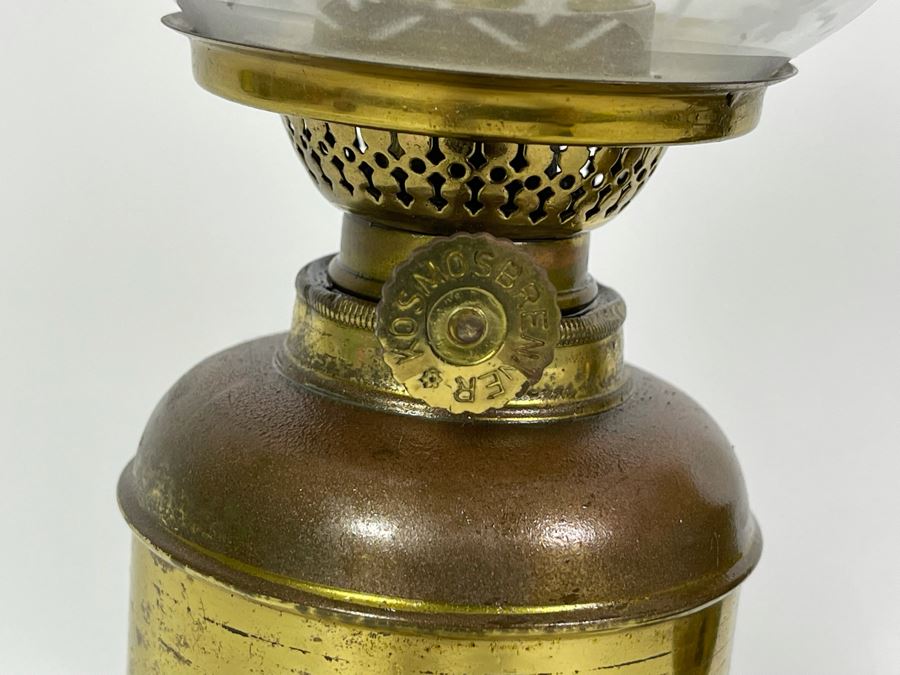 Pair Of Vintage Kosmos Brenner Brass Oil Lamps Lanterns With Glass Hurricanes 16H [Photo 6]
