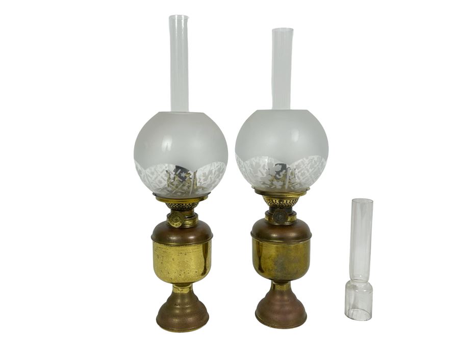 Pair Of Vintage Kosmos Brenner Brass Oil Lamps Lanterns With Glass Hurricanes 16H