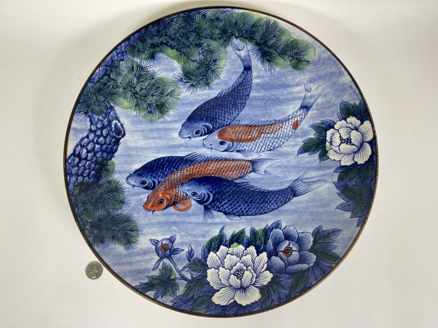 Large Japanese Koi Fish Porcelain Charger Plate 16.5R [Photo 4]