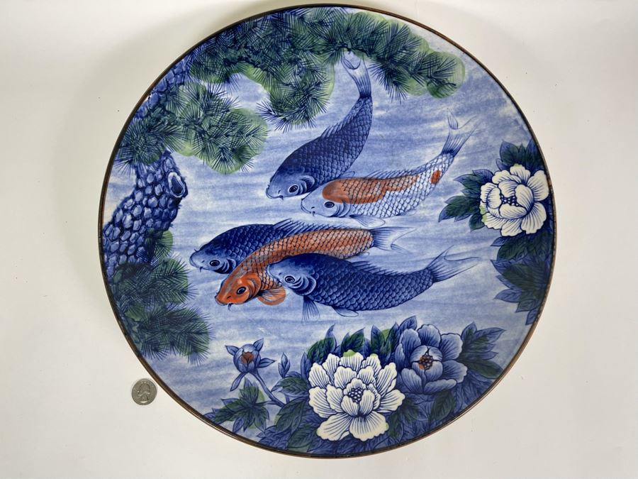 Large Japanese Koi Fish Porcelain Charger Plate 16.5R [Photo 3]