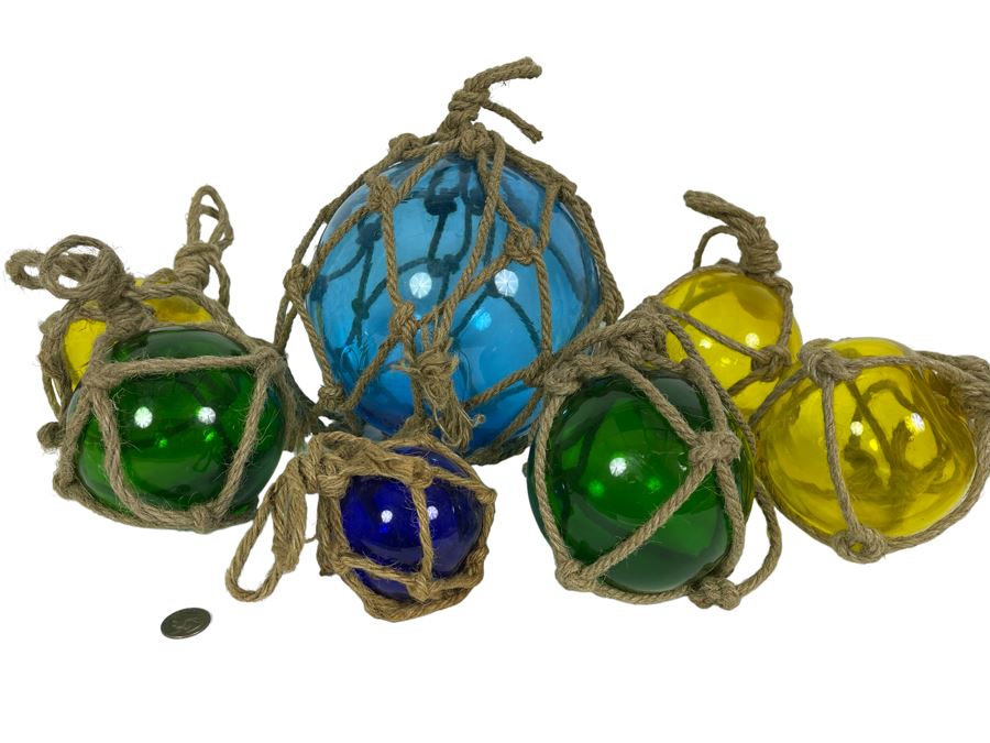 Seven Colored Glass Fishing Floats Of Various Sizes [Photo 1]