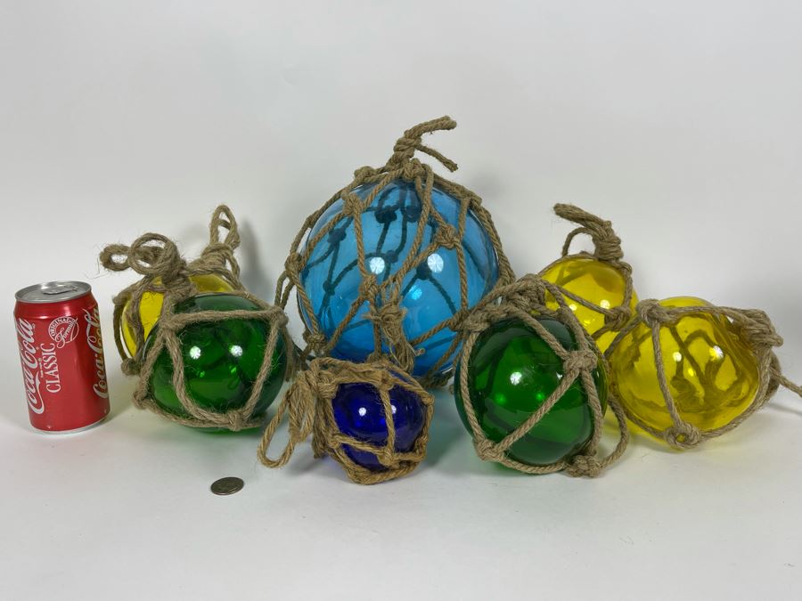 Seven Colored Glass Fishing Floats Of Various Sizes [Photo 4]