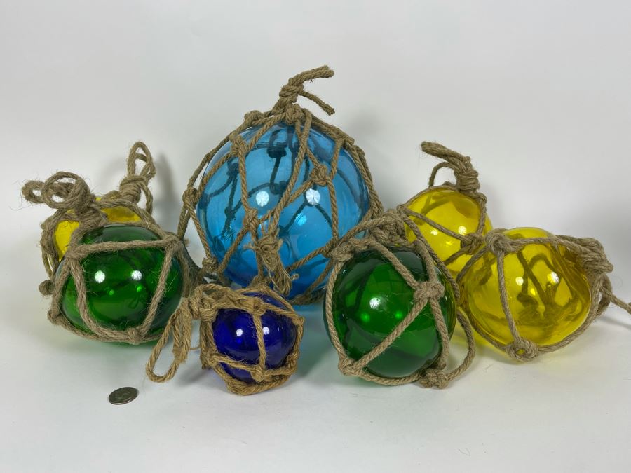 Seven Colored Glass Fishing Floats Of Various Sizes [Photo 3]