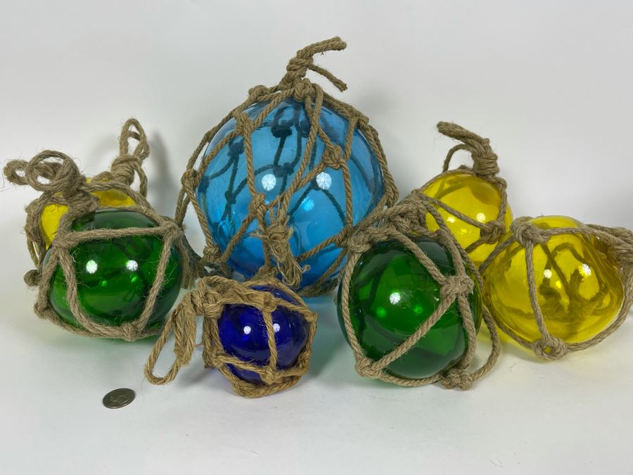 Seven Colored Glass Fishing Floats Of Various Sizes [Photo 2]
