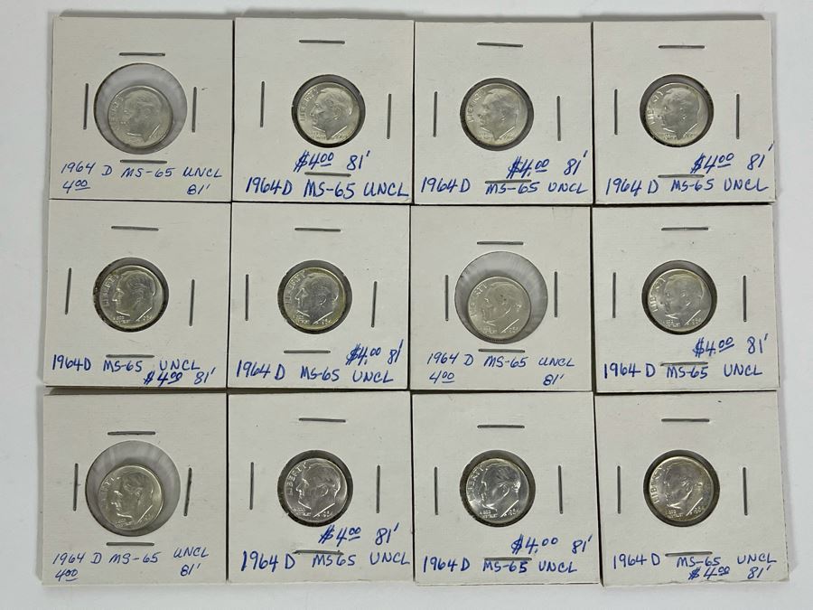 Twelve Uncirculated 1964 D Silver Roosevelt Dimes [Photo 2]