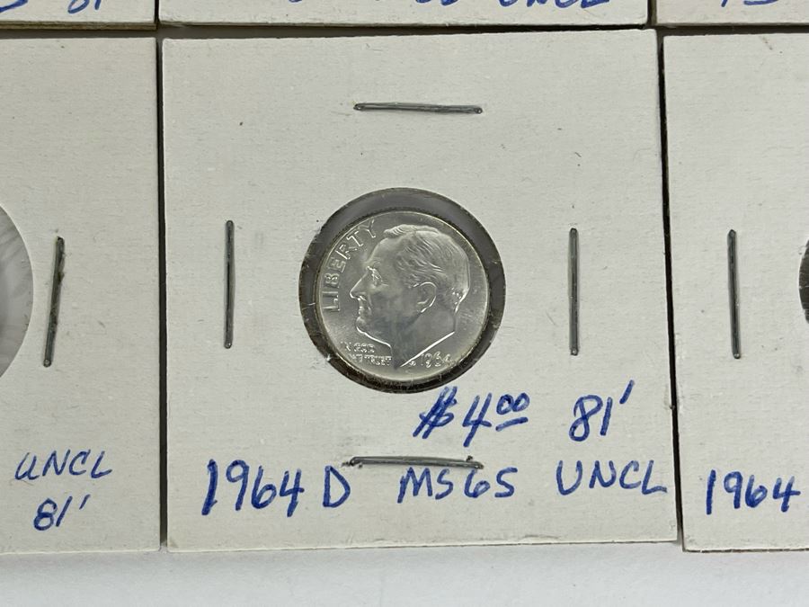 Twelve Uncirculated 1964 D Silver Roosevelt Dimes [Photo 12]