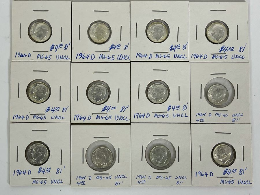 Twelve Uncirculated 1964 D Silver Roosevelt Dimes [Photo 2]