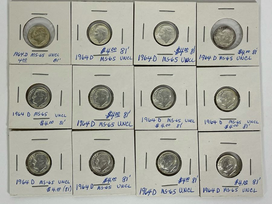 Twelve Uncirculated 1964 D Silver Roosevelt Dimes [Photo 2]