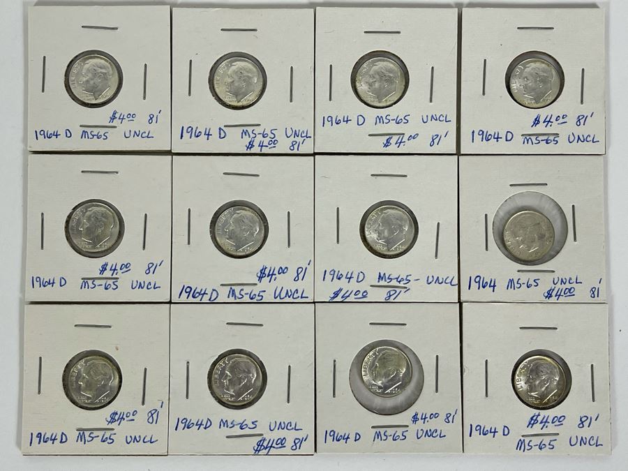 Twelve Uncirculated 1964 D Silver Roosevelt Dimes [Photo 1]