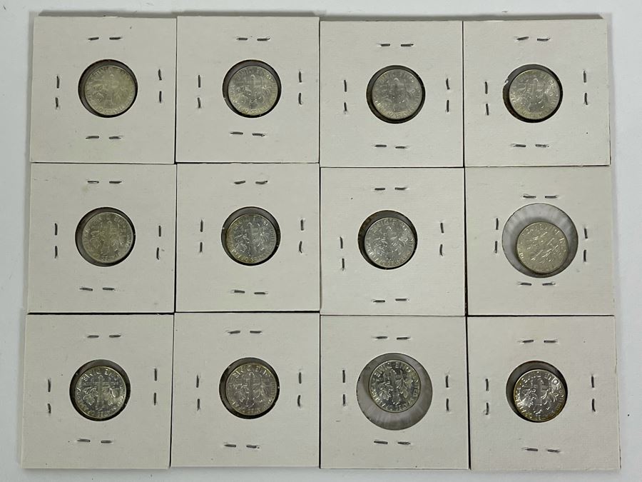 Twelve Uncirculated 1964 D Silver Roosevelt Dimes