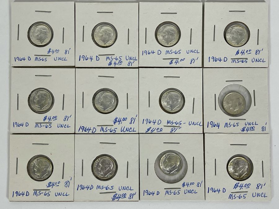 Twelve Uncirculated 1964 D Silver Roosevelt Dimes [Photo 2]