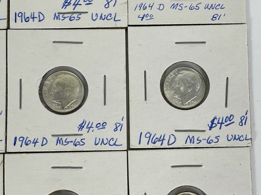 Twelve Uncirculated 1964 D Silver Roosevelt Dimes [Photo 6]