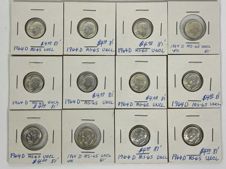Twelve Uncirculated 1964 D Silver Roosevelt Dimes [Photo 2]