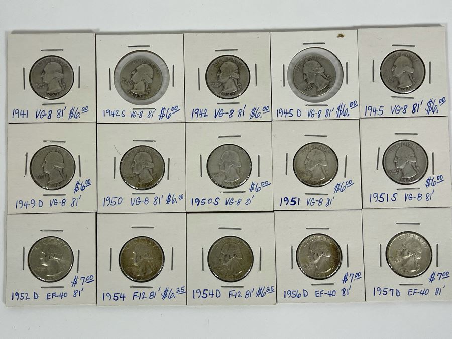 Collection Of Twelve Silver Quarters From 1941-1957