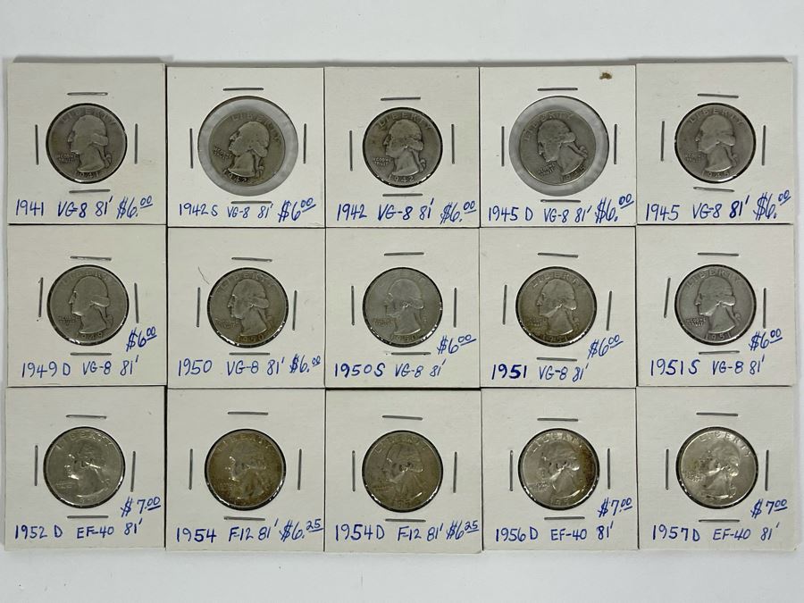 Collection Of Twelve Silver Quarters From 1941-1957
