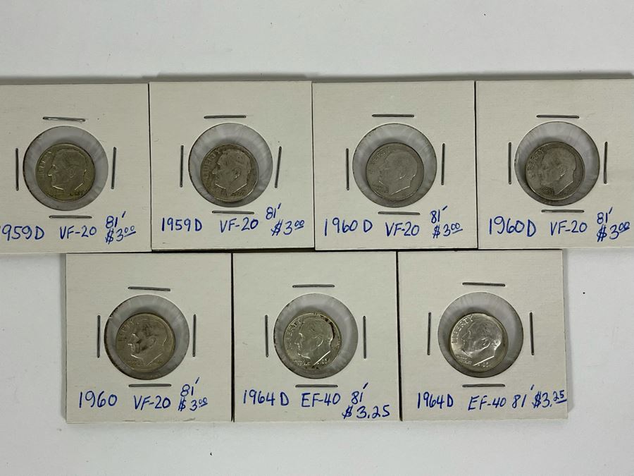 Seven Silver Roosevelt Dimes From 1959-1964 [Photo 1]