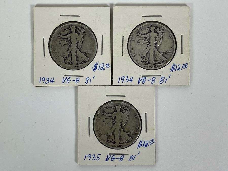(2) 1934 Silver Walking Liberty Half Dollars And (1) 1935 Silver Walking Liberty Half Dollar