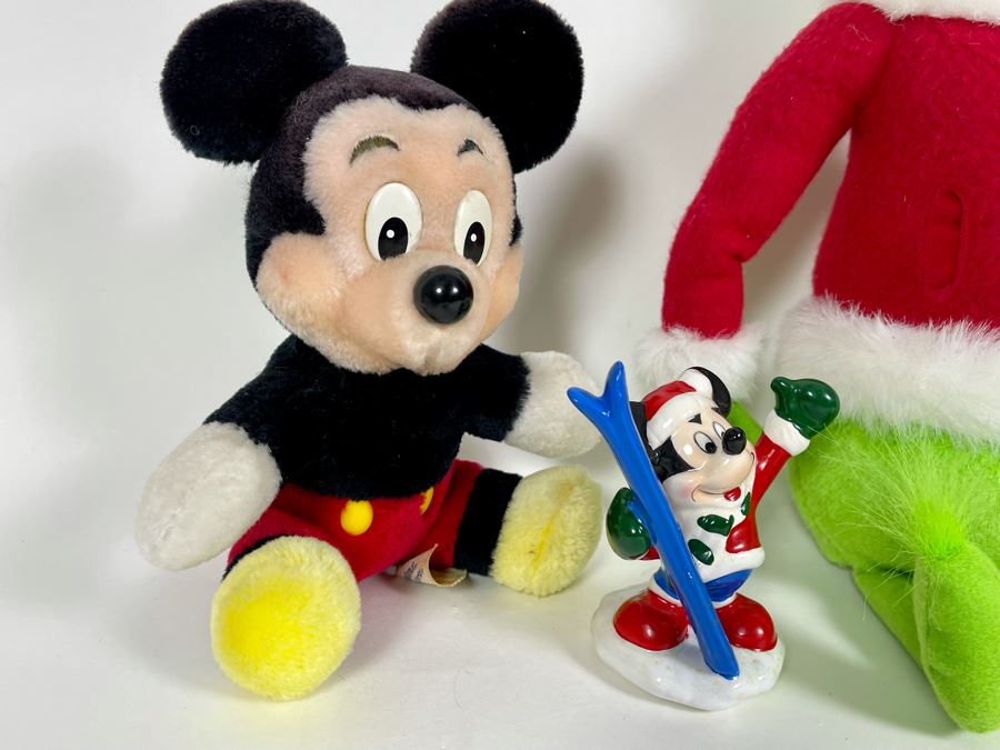 Pair Of Vintage Disneyland Mickey Mouse And Minnie Mouse Plush Toys, Dr. Seuss The Grinch Plush Toy And Mickey Mouse Figurine [Photo 4]