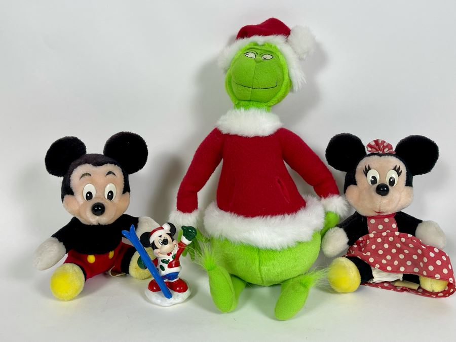 Pair Of Vintage Disneyland Mickey Mouse And Minnie Mouse Plush Toys, Dr. Seuss The Grinch Plush Toy And Mickey Mouse Figurine [Photo 2]