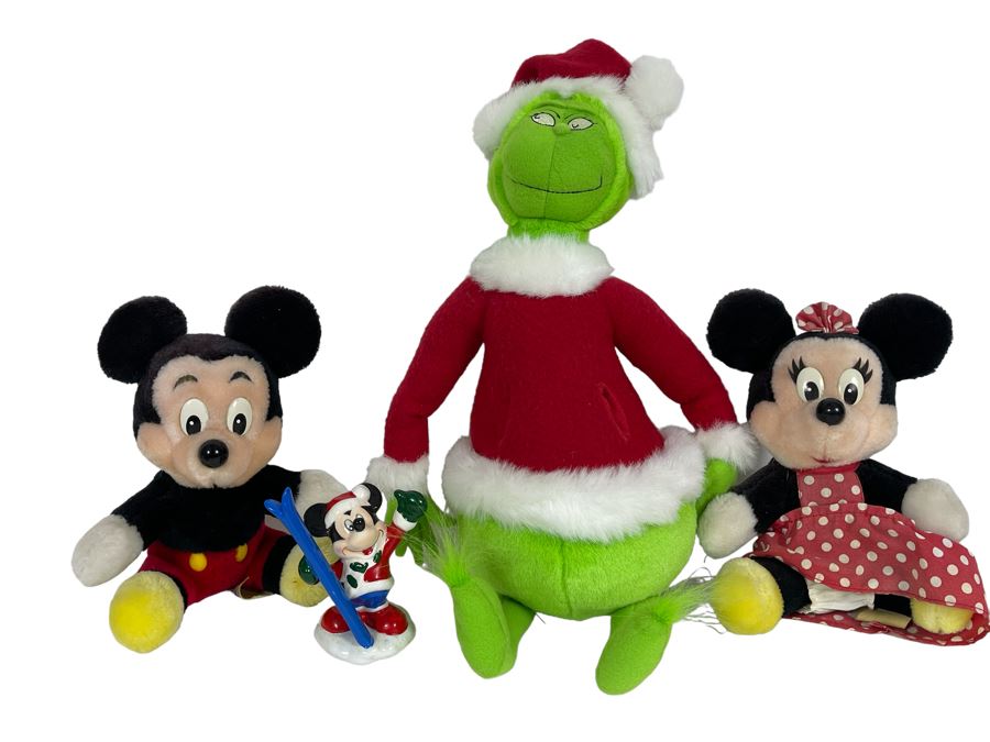 Pair Of Vintage Disneyland Mickey Mouse And Minnie Mouse Plush Toys, Dr. Seuss The Grinch Plush Toy And Mickey Mouse Figurine [Photo 1]