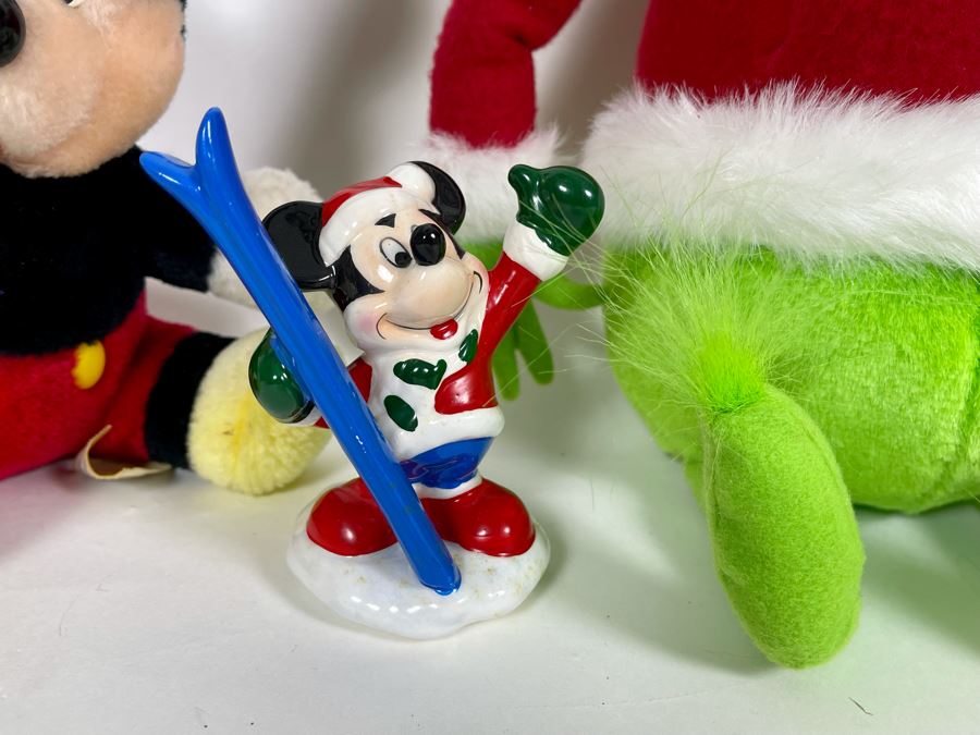 Pair Of Vintage Disneyland Mickey Mouse And Minnie Mouse Plush Toys, Dr. Seuss The Grinch Plush Toy And Mickey Mouse Figurine [Photo 5]