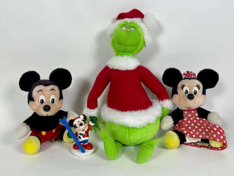 Pair Of Vintage Disneyland Mickey Mouse And Minnie Mouse Plush Toys, Dr. Seuss The Grinch Plush Toy And Mickey Mouse Figurine [Photo 3]