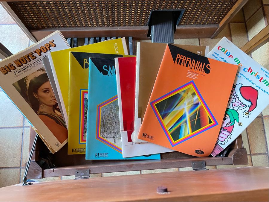 Vintage 1978 M-100 Lowrey Organ Walnut Finish With Bench, Original Receipts, Music Lesson Books And Sheet Music 46W X 24D X 36H Retails $1,500+ [Photo 3]