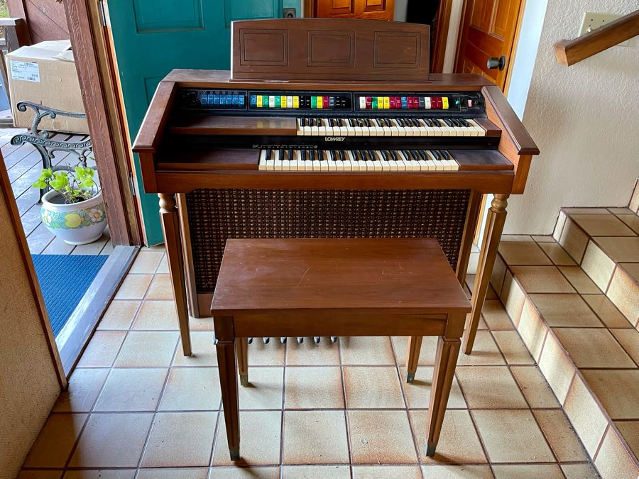 Vintage 1978 M-100 Lowery Organ Walnut Finish With Bench, Original Receipts, Music Lesson Books And Sheet Music 46W X 24D X 36H