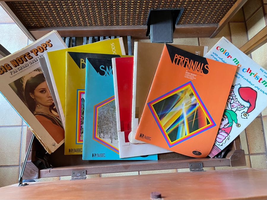 Vintage 1978 M-100 Lowrey Organ Walnut Finish With Bench, Original Receipts, Music Lesson Books And Sheet Music 46W X 24D X 36H Retails $1,500+ [Photo 19]