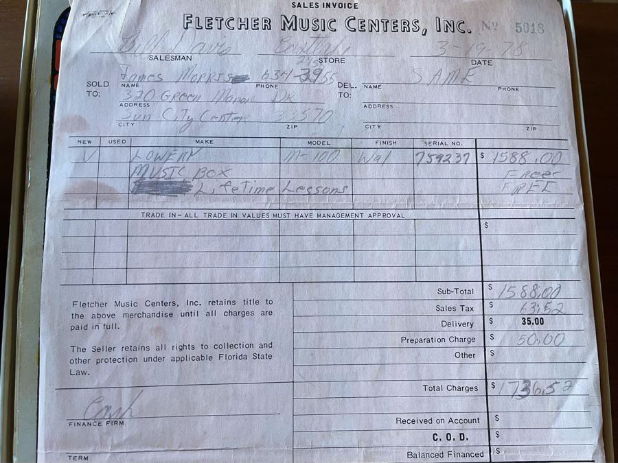 Vintage 1978 M-100 Lowrey Organ Walnut Finish With Bench, Original Receipts, Music Lesson Books And Sheet Music 46W X 24D X 36H Retails $1,500+ [Photo 13]