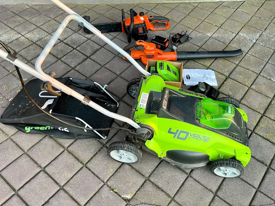 Greenworks 16' 40V Lithium-Ion Cordless Mover, Black+Decker Cordless Chainsaw And Black+Decker Cordless Leaf Blower [Photo 2]