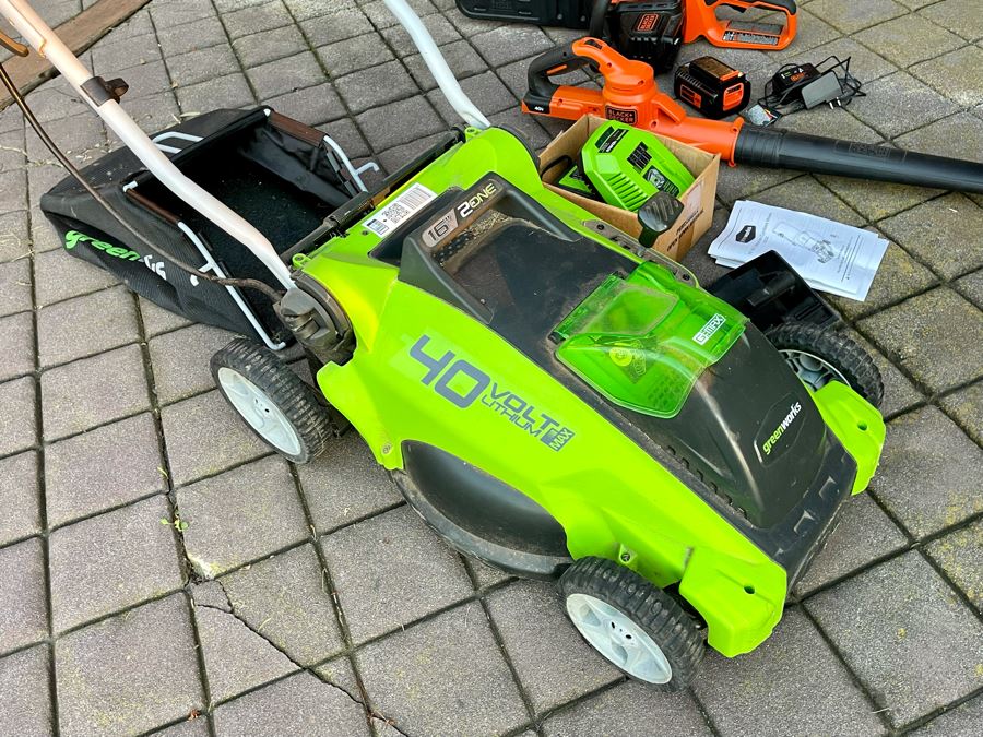 Greenworks 16' 40V Lithium-Ion Cordless Mover, Black+Decker Cordless Chainsaw And Black+Decker Cordless Leaf Blower [Photo 3]