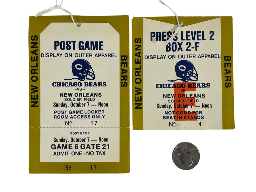 Vintage Post Game Locker Room Access Ticket Pass & Press Level Box Ticket Seat For Sunday October 7 New Orleans Versus Chicago Bears Soldier Field NFL Football Game