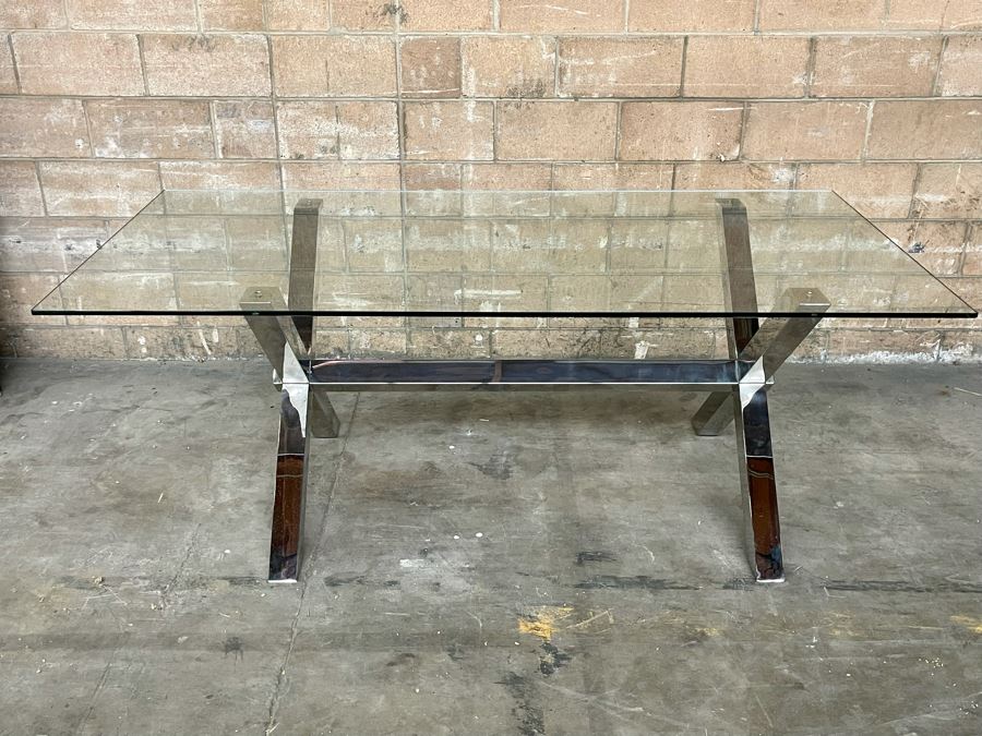 Modernist Contemporary Polished Chrome X-Base Dining Table / Desk With Glass Top 78W X 38D X 29.5H [Photo 3]