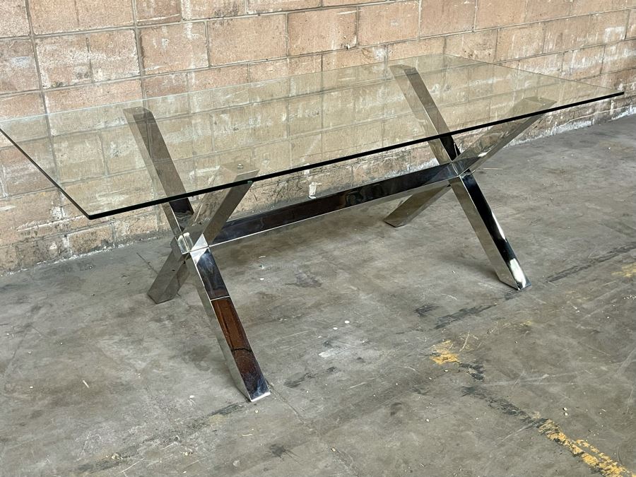 Modernist Contemporary Polished Chrome X-Base Dining Table / Desk With Glass Top 78W X 38D X 29.5H [Photo 4]