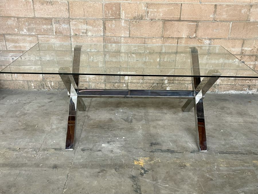 Modernist Contemporary Polished Chrome X-Base Dining Table / Desk With Glass Top 78W X 38D X 29.5H [Photo 2]