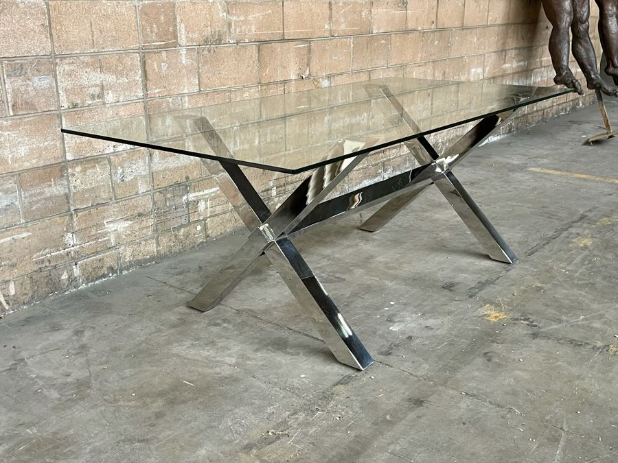 Modernist Contemporary Polished Chrome X-Base Dining Table / Desk With Glass Top 78W X 38D X 29.5H [Photo 6]