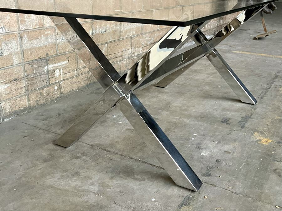 Modernist Contemporary Polished Chrome X-Base Dining Table / Desk With Glass Top 78W X 38D X 29.5H [Photo 7]