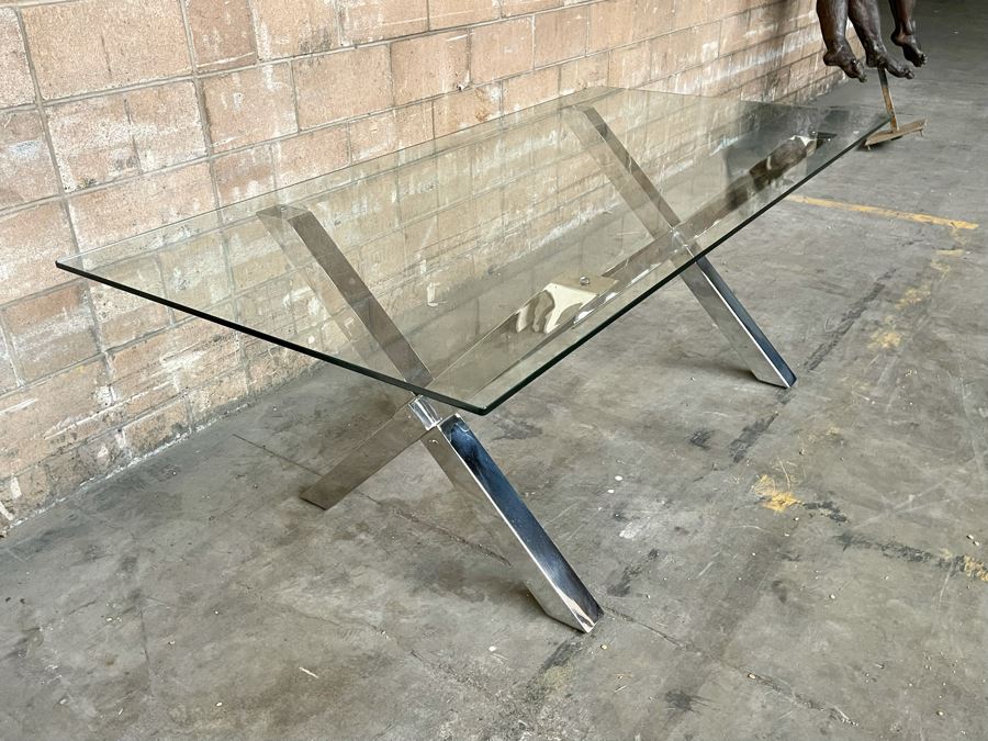 Modernist Contemporary Polished Chrome X-Base Dining Table / Desk With Glass Top 78W X 38D X 29.5H [Photo 8]