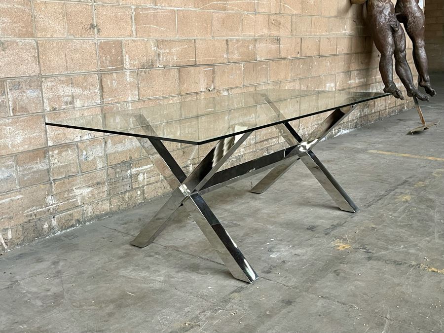 Modernist Contemporary Polished Chrome X-Base Dining Table / Desk With Glass Top 78W X 38D X 29.5H