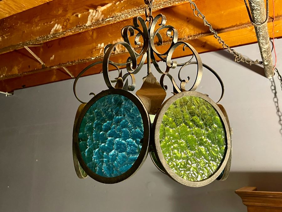 Vintage Wrought Iron Stained Glass Hanging Light Fixture With Long Chain Cord And Electrical Plug [Photo 5]