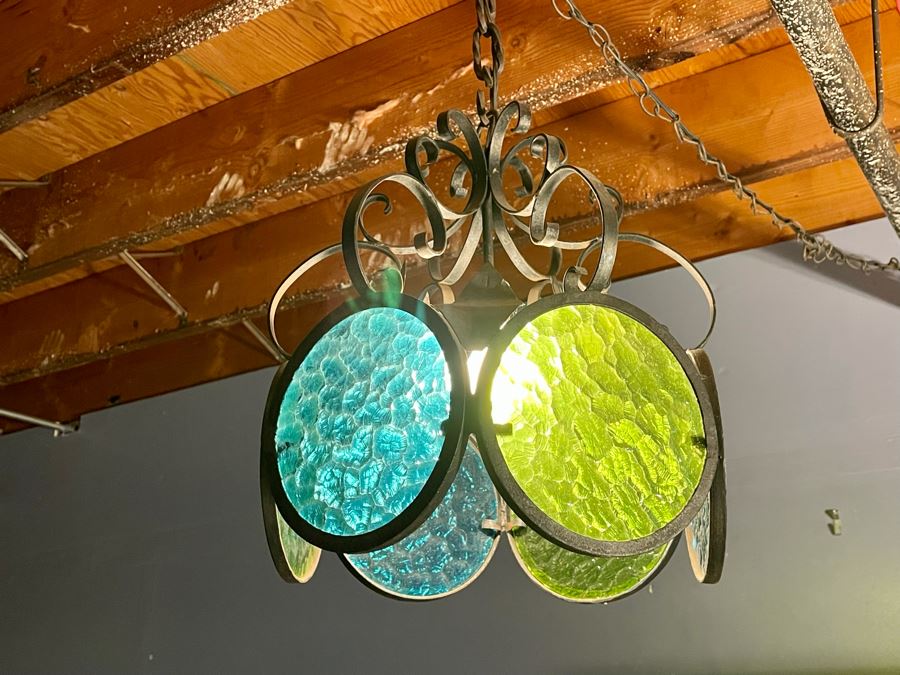 Vintage Wrought Iron Stained Glass Hanging Light Fixture With Long Chain Cord And Electrical Plug [Photo 3]